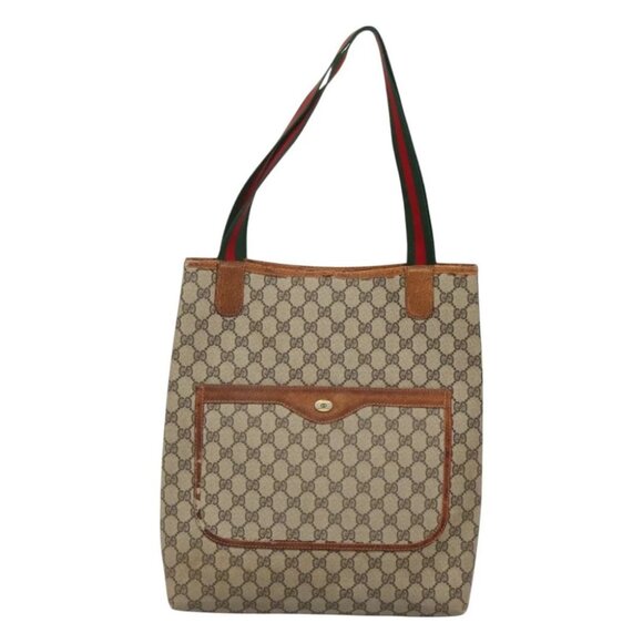 GUCCI GG Supreme Web Sherry Line Tote Bag PVC Beige Gold 39 002 4487 Auth ti3236 - Picture 1 of 15